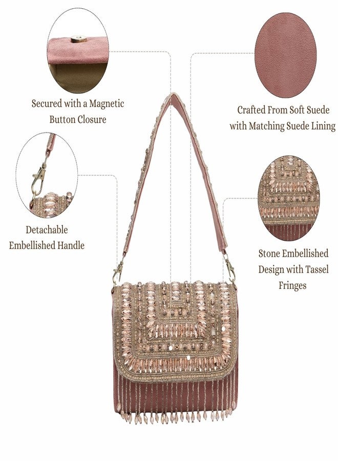 Anekaant Droop Mauve Embellished Party Clutch Bag for Women | Suede Sling Purse with Stone Work & Tassel Fringe. - Image 3